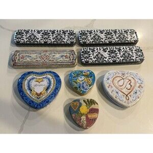 Brighton heart shape & rectangular EMPTY tin metal jewelry containers, lot of 8